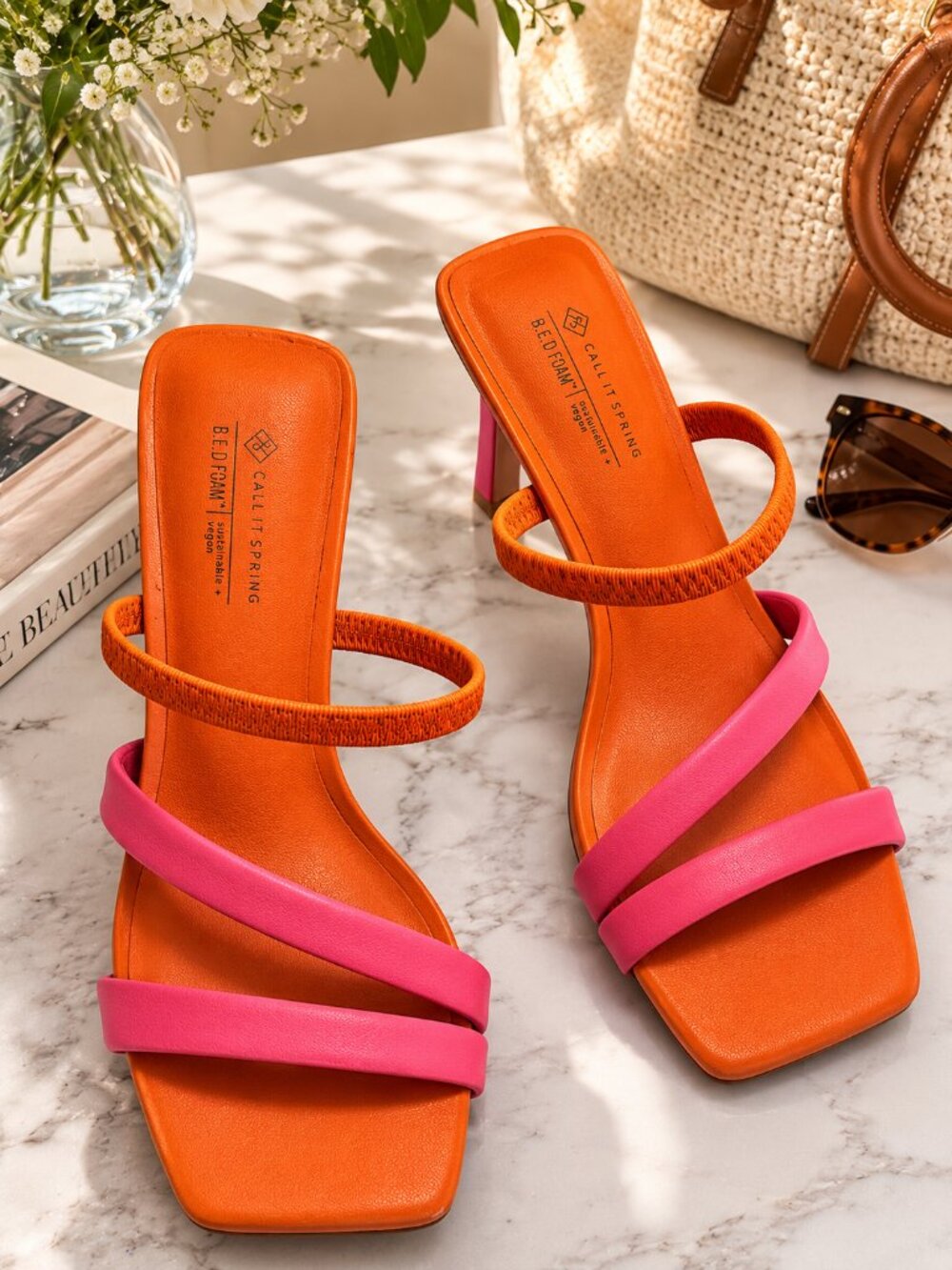 Call It Spring Orange Pink Strappy Square Toe Lucite Heel Sandals Vegan Size 8